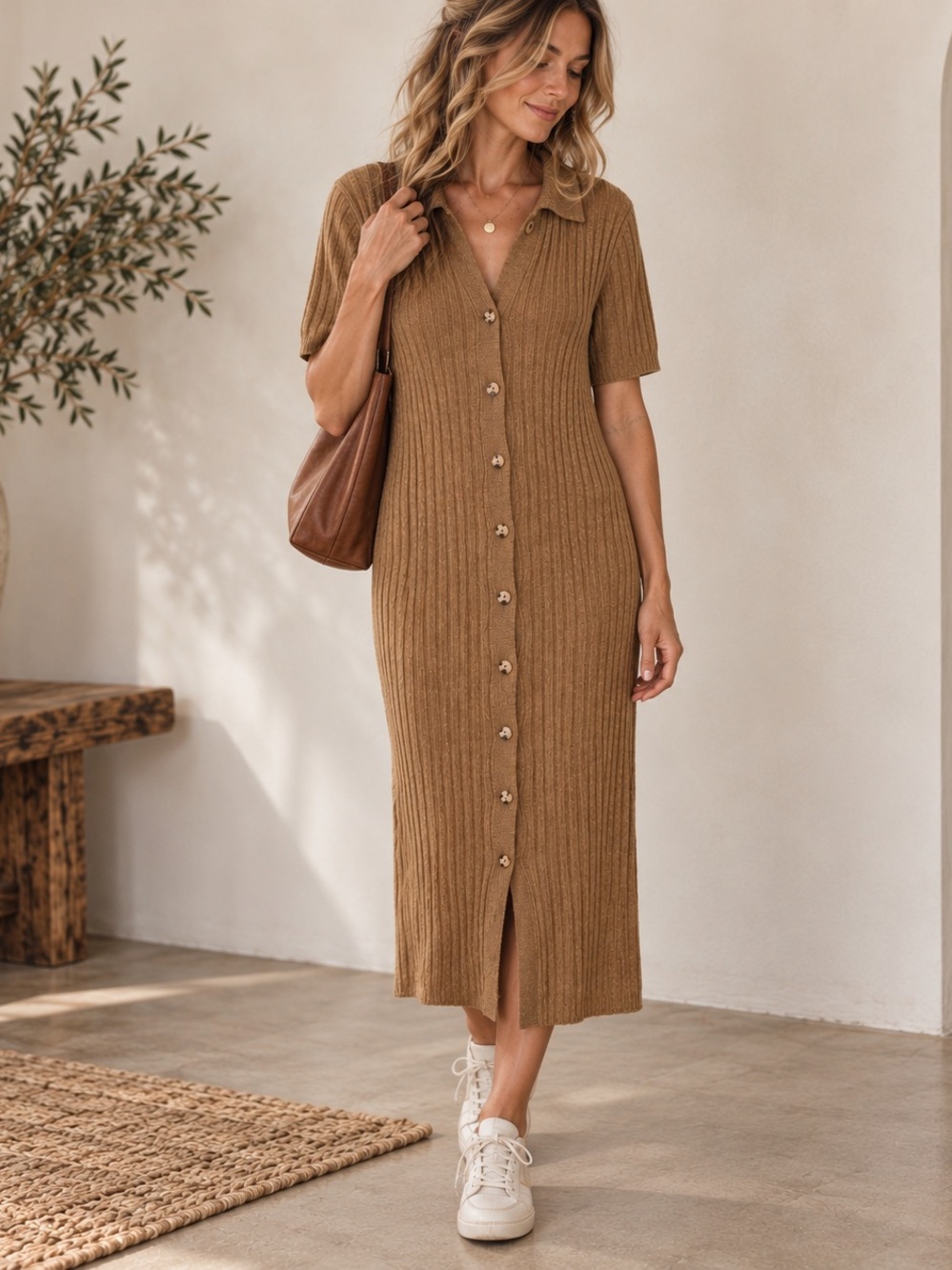 100% Extra Fine Merino Wool Ribbed Button Front Midi Dress